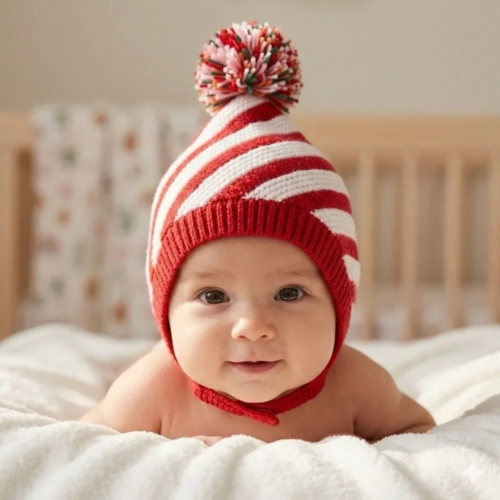 NWT Cat & Jack Baby Candy Cane Striped Knit Bonnet Hat 0/6M
